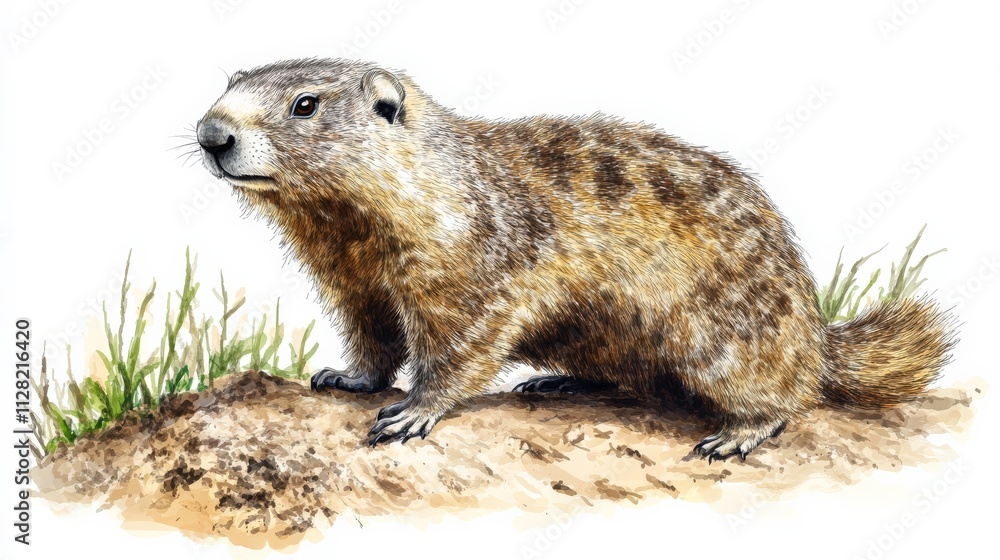 Naklejka premium Detailed Illustration of a Groundhog Seated on a Soil Mound Surrounded by Grass, Capturing the Essence of This Fascinating Rodent Species
