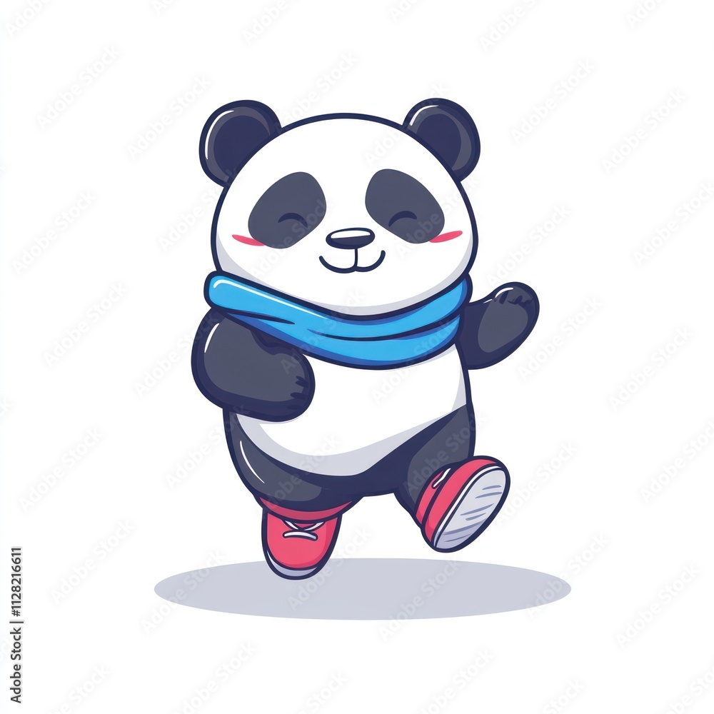 A cute cartoon panda wearing a blue scarf and red shoes, happily jogging. A cute cartoon panda wearing a blue scarf and red shoes, happily jogging.