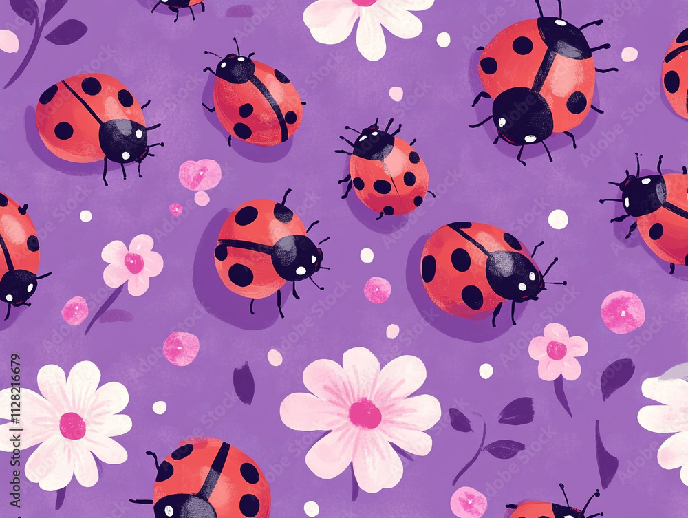 A purple background with a bunch of red ladybugs and flowers. A purple background with a bunch of red ladybugs and flowers.