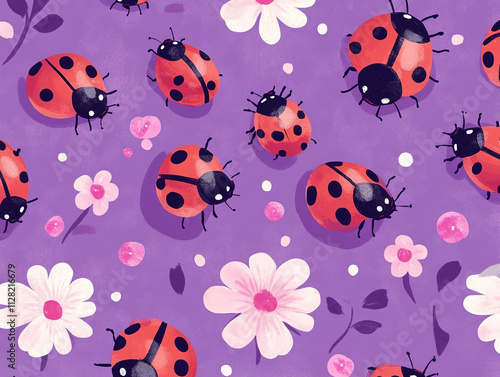 A purple background with a bunch of red ladybugs and flowers.