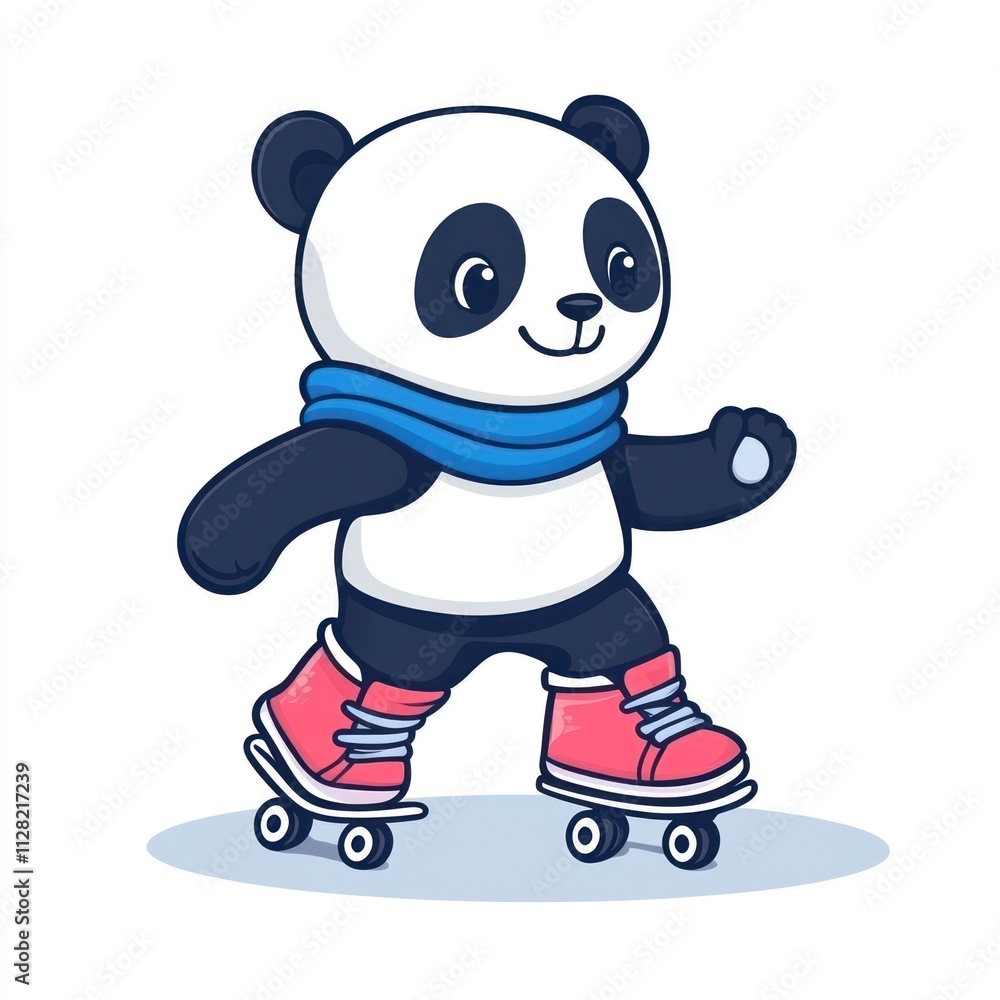 A cute panda character roller skating with a blue scarf and pink skates.