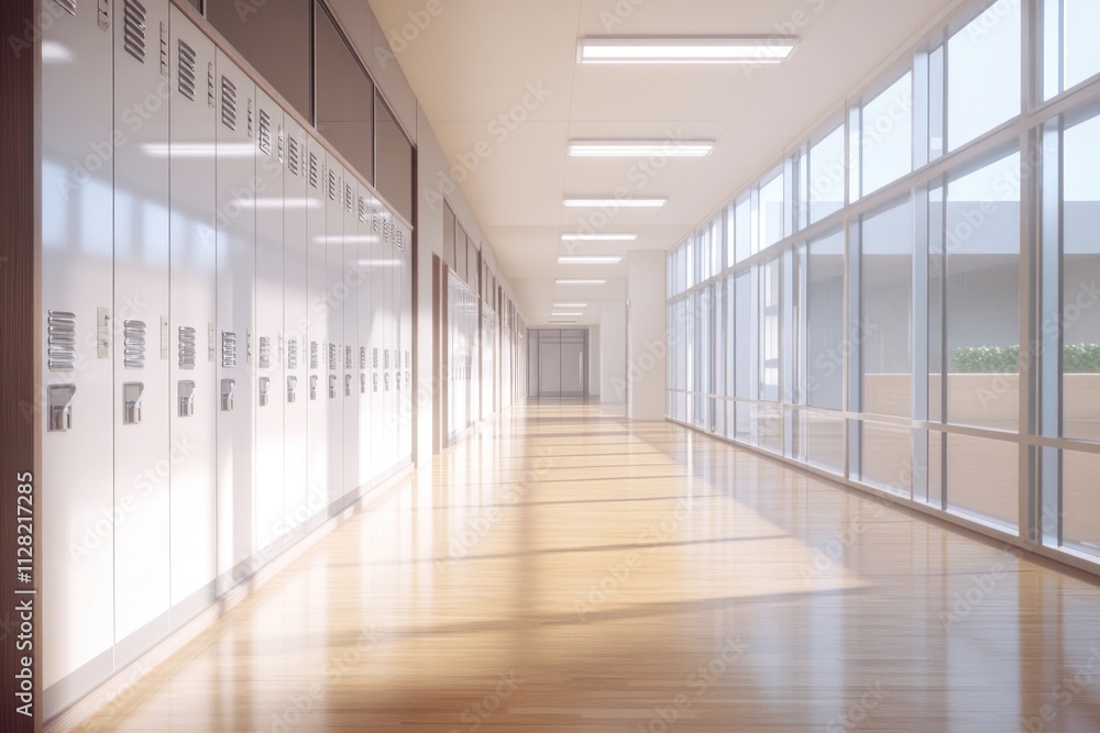 A bright, modern school hallway with lockers and large windows. A bright, modern school hallway with lockers and large windows.