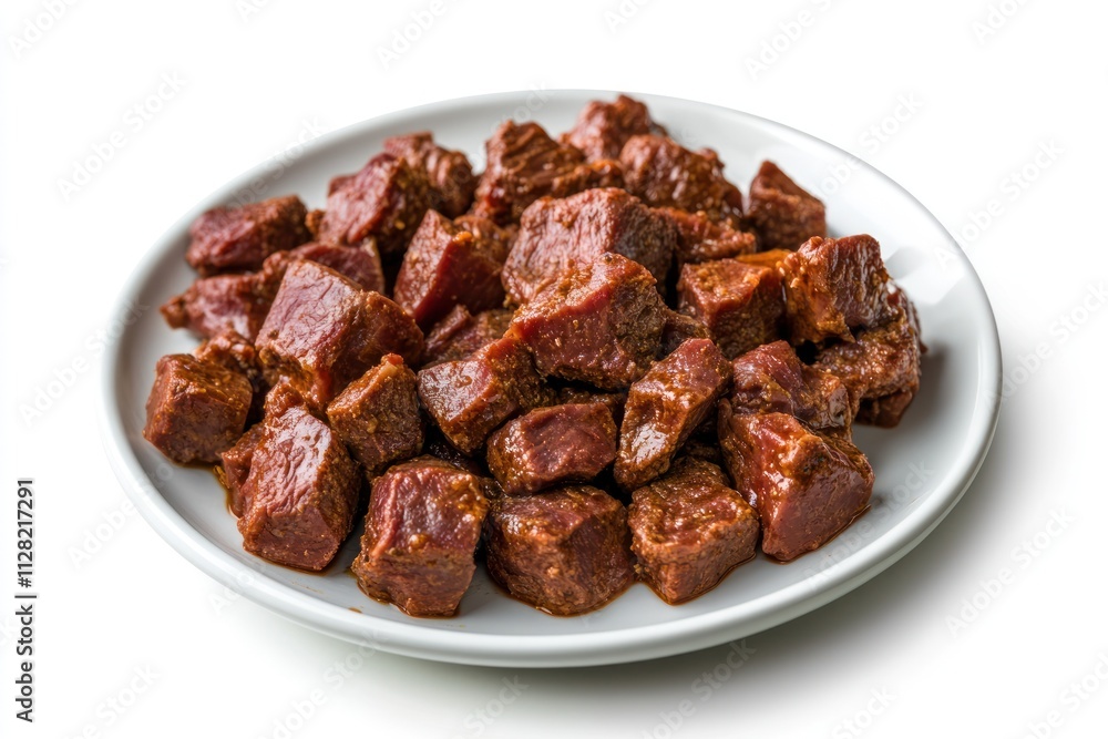 A plate of marinated beef cubes ready for cooking or grilling. A plate of marinated beef cubes ready for cooking or grilling.