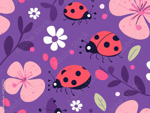 A purple background with a bunch of red ladybugs and flowers.