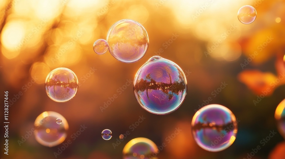 A close-up of colorful soap bubbles reflecting a warm, blurred background. A close-up of colorful soap bubbles reflecting a warm, blurred background.