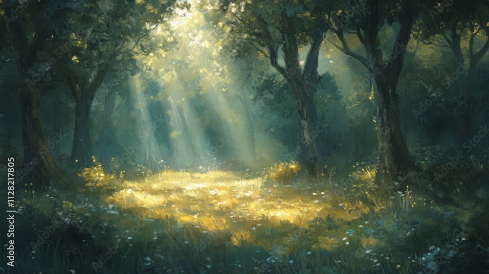Sunlit Forest Glade Golden Light Illuminates Trees and Flowers Sunlit Forest Glade Golden Light Illuminates Trees and Flowers
