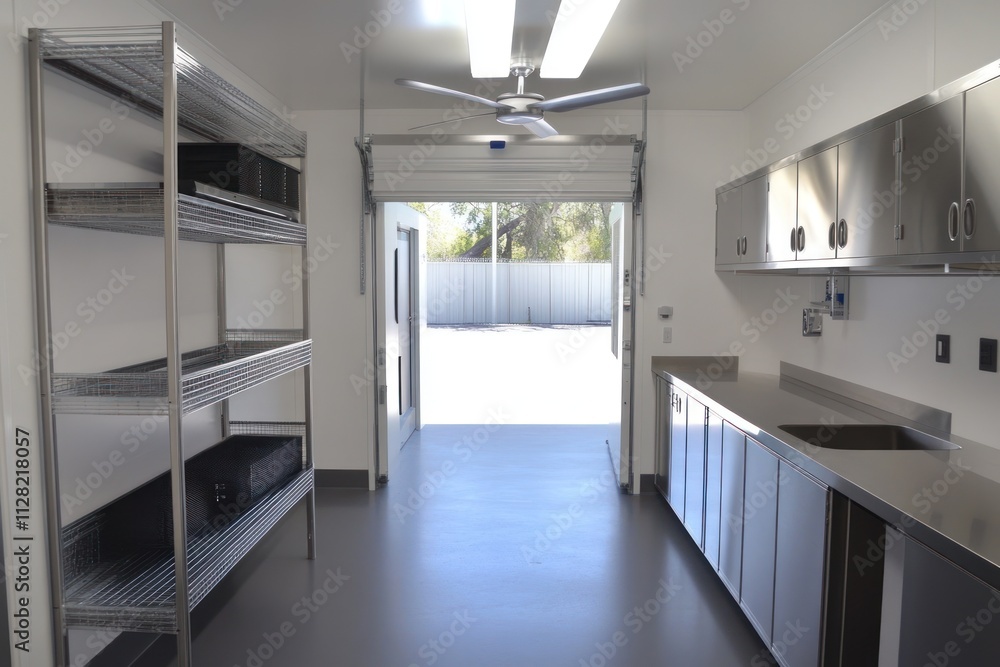 A clean, modern workspace with stainless steel counters and shelving, designed for efficiency. A clean, modern workspace with stainless steel counters and shelving, designed for efficiency.
