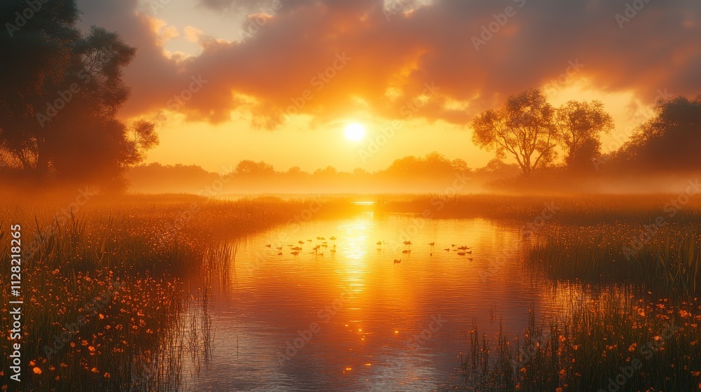 Fototapeta premium Serene Sunrise Over Tranquil River with Mist and Colorful Wildflowers Reflecting in Calm Water at Dawn in a Beautiful Natural Landscape