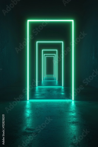 Minimalistic neon green light lines on a dark background, in a simple and elegant style