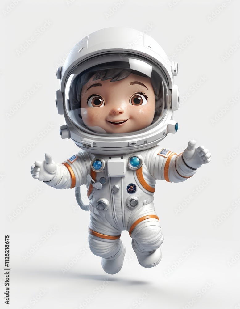 Cute astronaut in spacesuit waving happily, suitable for kids educational materials, posters, science fiction designs, or spacerelated content.