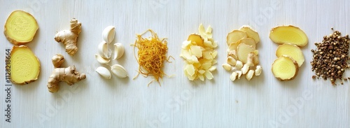 A variety of ginger and related ingredients arranged on a surface for culinary use. photo