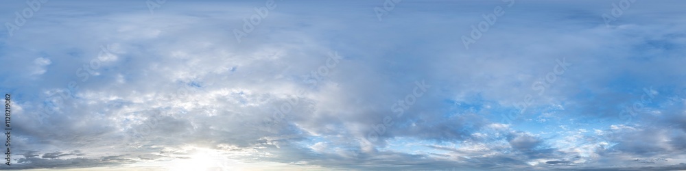 Nahtloses Panorama mit bewölktem Himmel in 360-Grad-Ansicht mit schöner Bewölkung zur Verwendung in 3D-Grafiken als Himmelskuppel oder zur Nachbearbeitung von Drohnenaufnahmen
Nahtloses Panorama mit bewölktem Himmel in 360-Grad-Ansicht mit schöner Bewölkung zur Verwendung in 3D-Grafiken als Himmelskuppel oder zur Nachbearbeitung von Drohnenaufnahmen