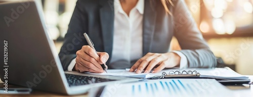 A person writing notes beside a laptop and documents, focused on work tasks.