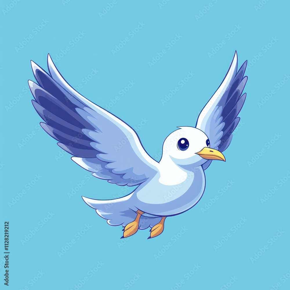 Obraz premium Cute cartoon seagull in flight against a light blue background.