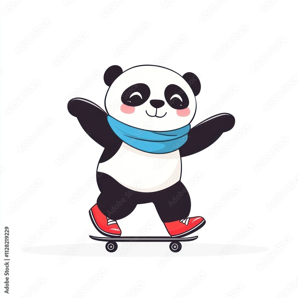 A cute panda skateboarding, wearing a blue scarf and red shoes, showcasing fun and playfulness. A cute panda skateboarding, wearing a blue scarf and red shoes, showcasing fun and playfulness.