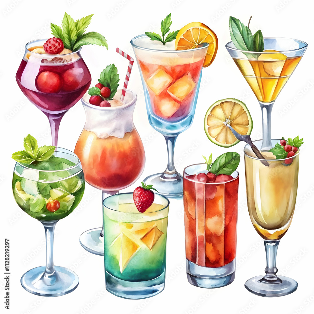 Alcohol Cocktail Collection in Watercolor Style Illustration Alcohol Cocktail Collection in Watercolor Style Illustration