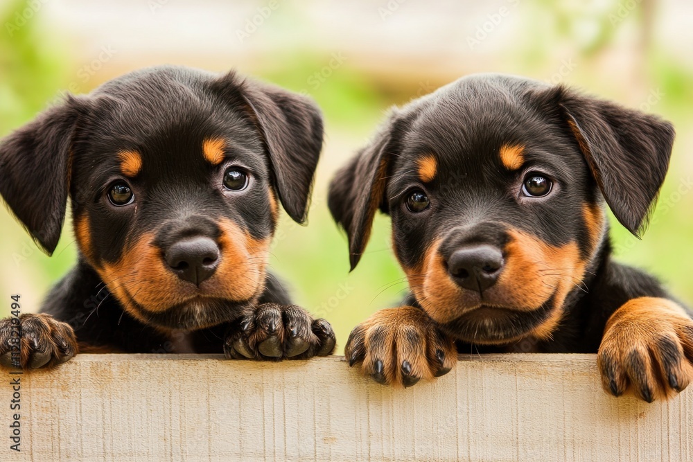 Two adorable Rottweiler puppies peeking over a wooden fence in a green outdoor setting. Two adorable Rottweiler puppies peeking over a wooden fence in a green outdoor setting.