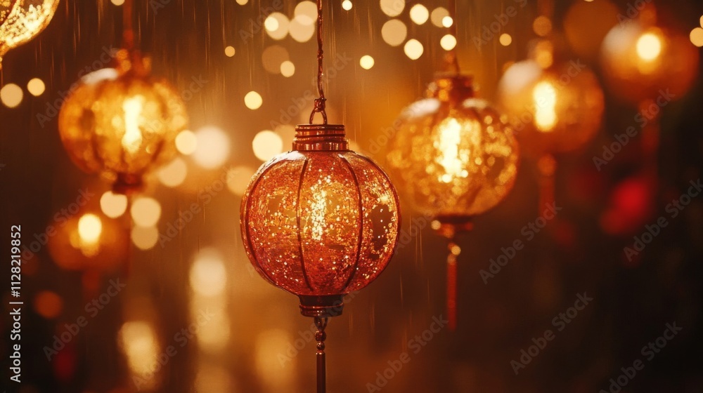 Golden Lanterns Illuminate Rainy Night Scene Golden Lanterns Illuminate Rainy Night Scene