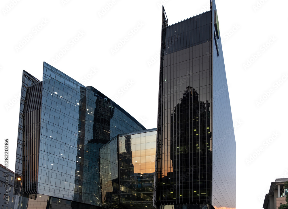 Fototapeta premium Johannesburg city skyscrapers isolated on white transparent sky, high rise office business buldings under view. South Africa