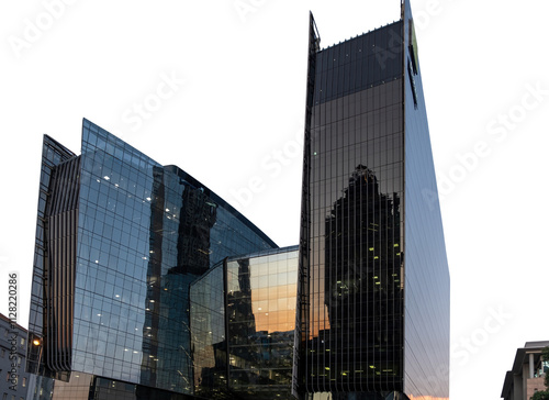 Cape town city skyscrapers isolated on white transparent sky, high rise office business buldings under view. South Africa