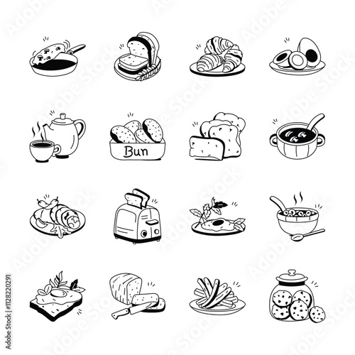 This set of hand drawn icons depicts various breakfast items