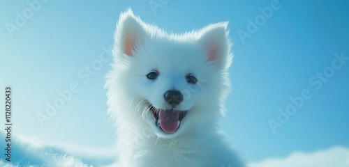 A cheerful white puppy in a snowy landscape, radiating joy and playfulness.