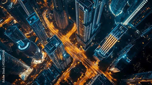 Aerial View of Skyscrapers with City Crossroads Night Background for Dynamic energy Concept of modern metropolis.