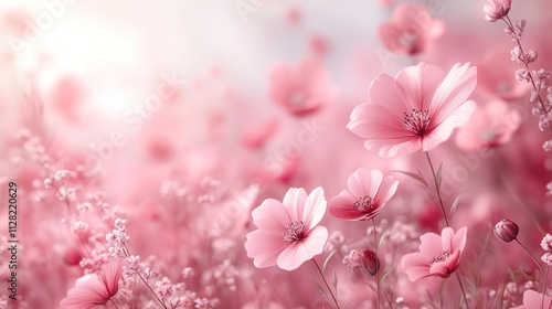 Soft pink flowers in a dreamy field, bathed in sunlight.