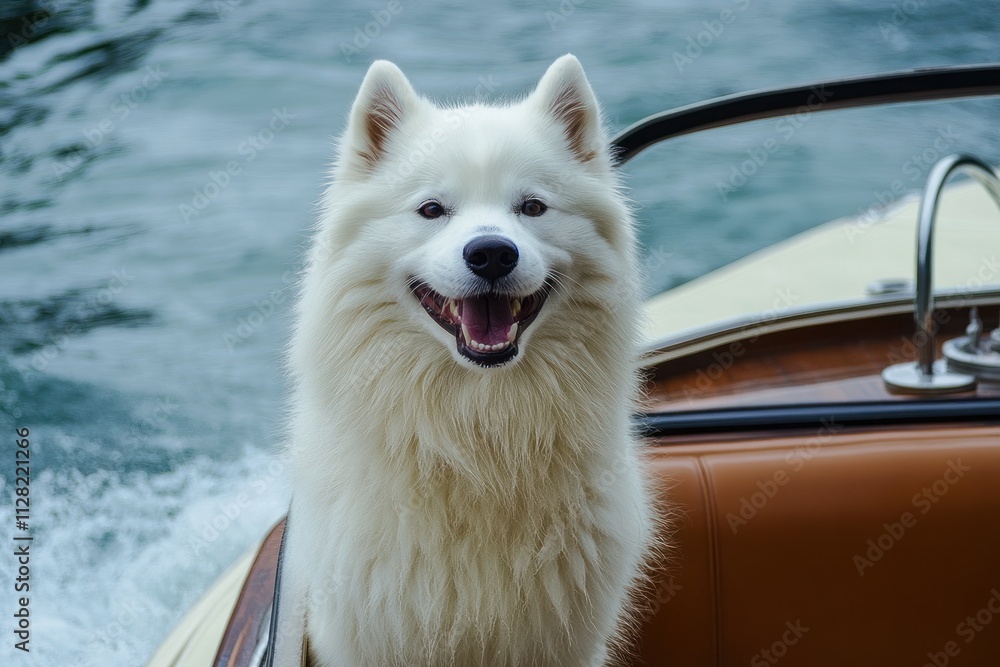 A happy Samoyed dog on a boat, enjoying a day on the water. A happy Samoyed dog on a boat, enjoying a day on the water.