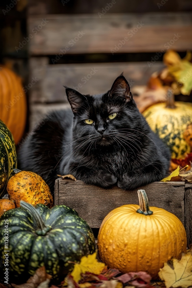 A black cat rests among pumpkins and gourds in a rustic autumn setting. A black cat rests among pumpkins and gourds in a rustic autumn setting.