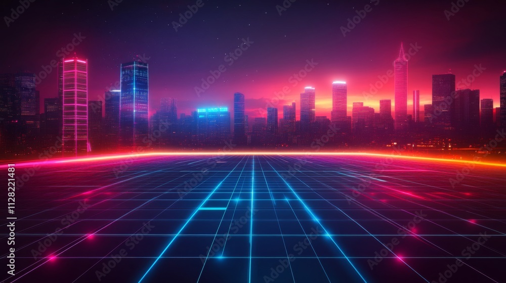 Neon Cityscape Skyline Glowing Gridded Highway Neon Cityscape Skyline Glowing Gridded Highway