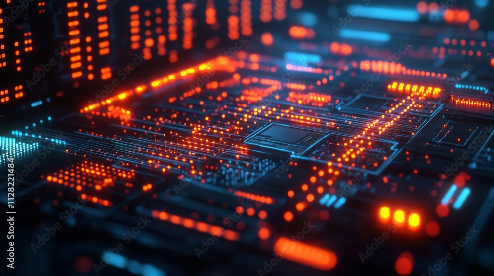 Abstract digital circuit board glowing orange and blue Abstract digital circuit board glowing orange and blue