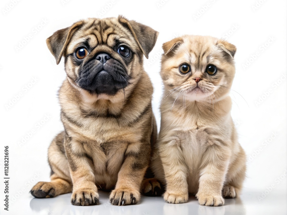 Tiny Scottish Fold and pug puppy: a tilt-shift masterpiece of adorable pet friendship. Tiny Scottish Fold and pug puppy: a tilt-shift masterpiece of adorable pet friendship.