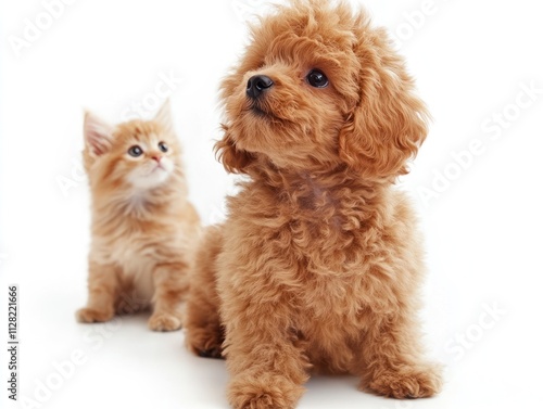 A fluffy puppy and a kitten sitting together, showcasing their playful nature.