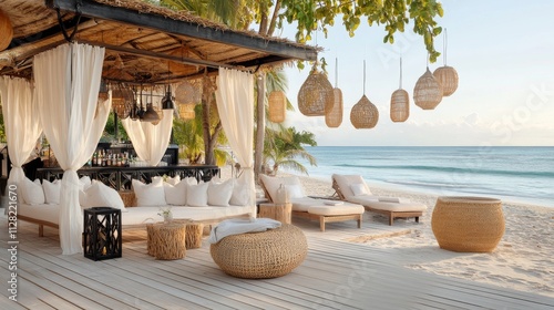 Wallpaper Mural A seaside retreat with bamboo roof with delicate lace edges, wooden floor surrounded by sun loungers and outdoor seating covered with white curtains Torontodigital.ca