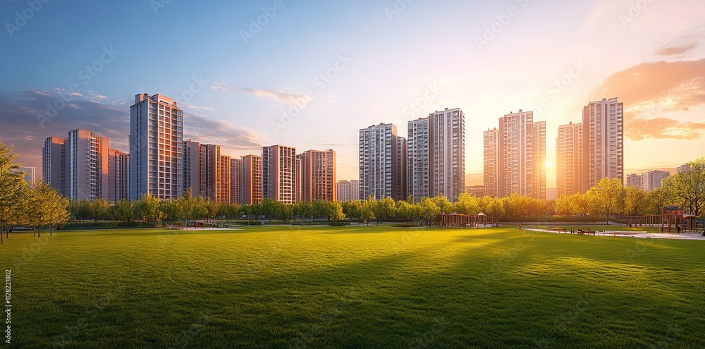 Obraz premium Modern City Park with High-Rise Buildings at Sunset AI generated illustration