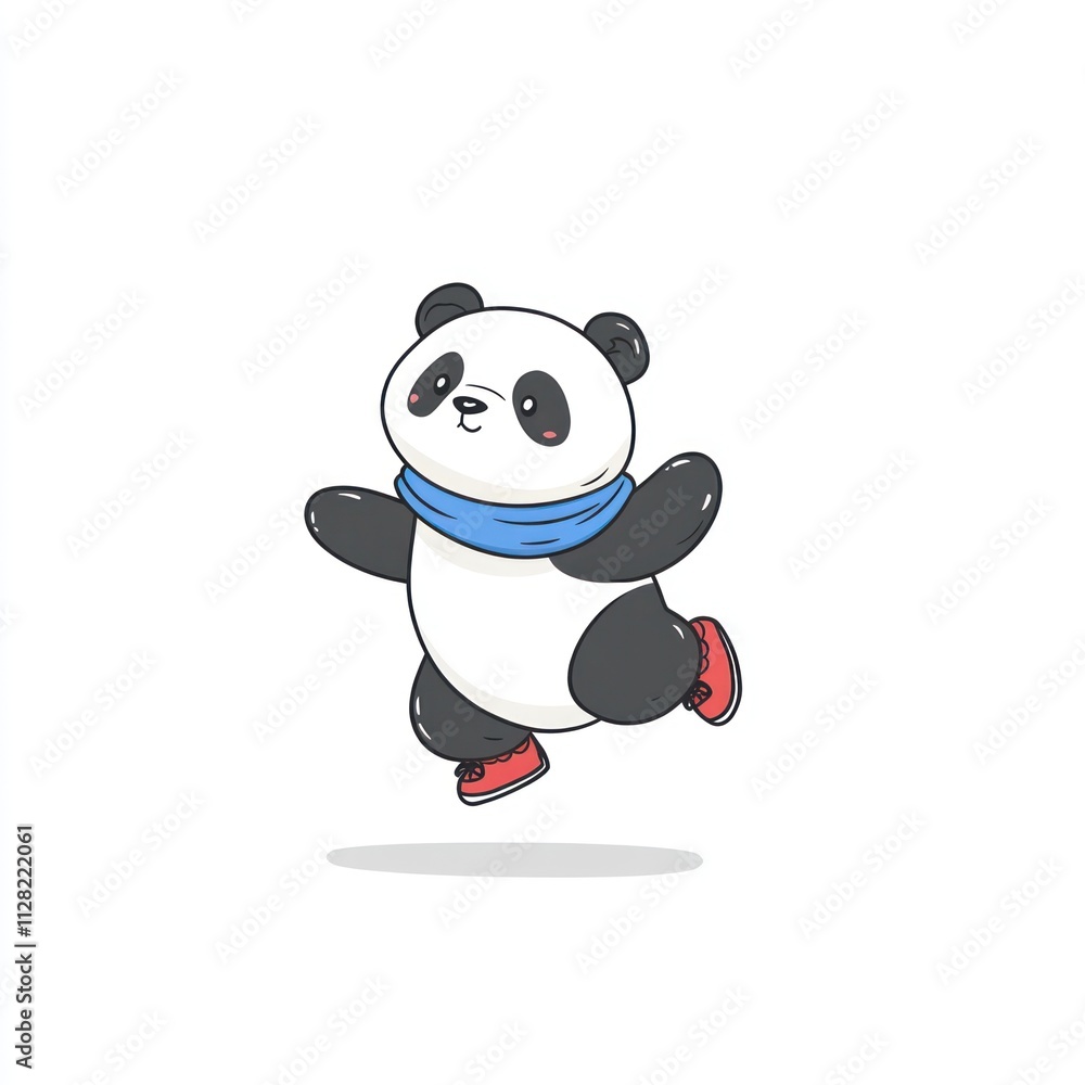 A cute cartoon panda wearing a blue scarf and red shoes, joyfully skating. A cute cartoon panda wearing a blue scarf and red shoes, joyfully skating.