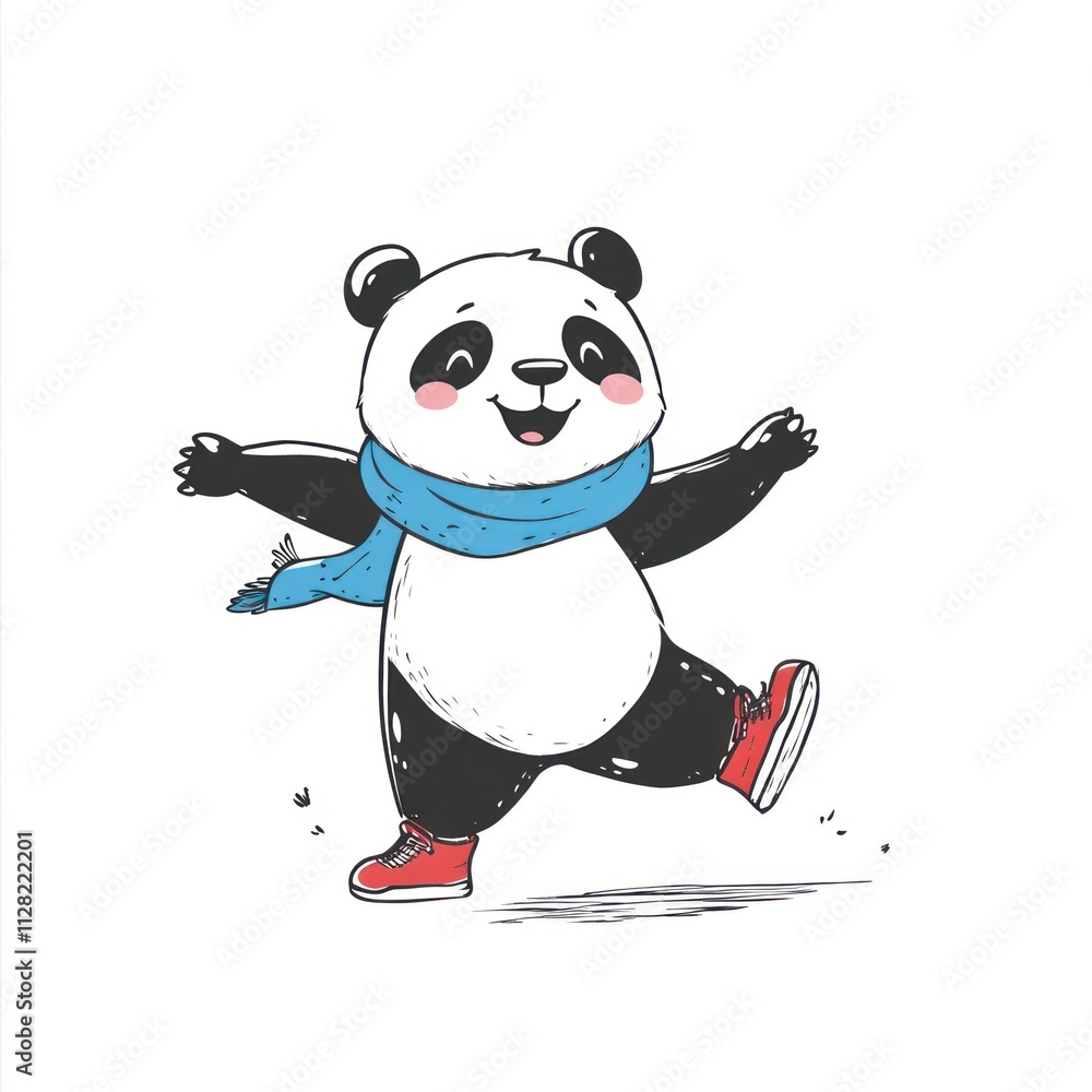 A cheerful panda wearing a blue scarf and red shoes, joyfully dancing. A cheerful panda wearing a blue scarf and red shoes, joyfully dancing.