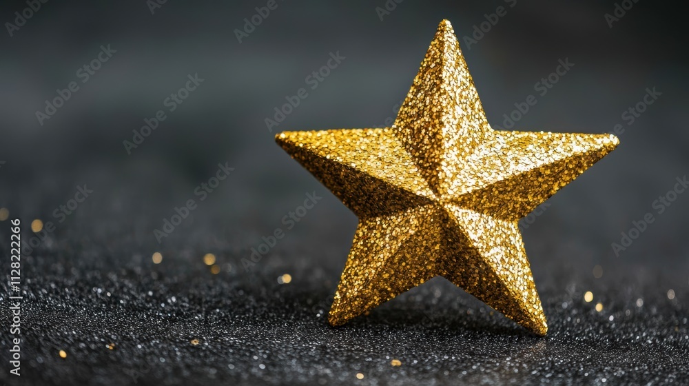 Celebration of achievement glittering gold star on black background decorative object studio environment close-up view Celebration of achievement glittering gold star on black background decorative object studio environment close-up view