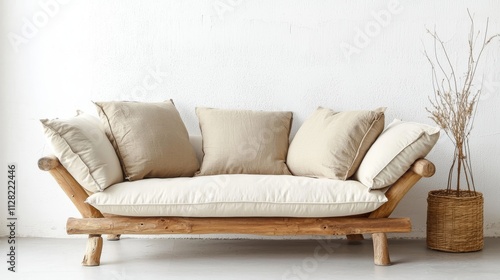 A wooden sofa with soft cushions, illuminated by natural light, creates a calm and simple atmosphere with warm wood tones.