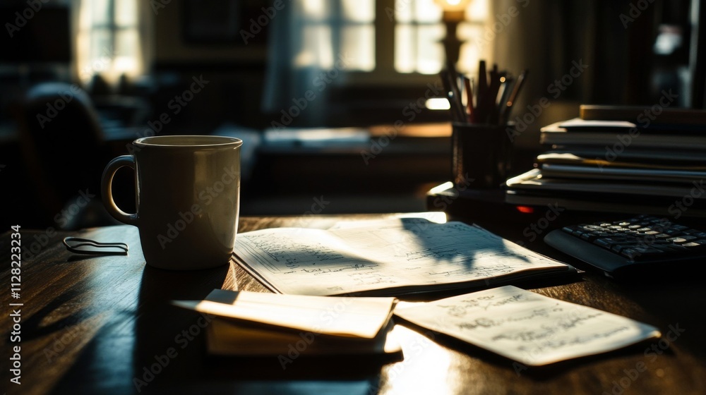 Sunlit Desk With Coffee Mug Notebooks And Pens Sunlit Desk With Coffee Mug Notebooks And Pens