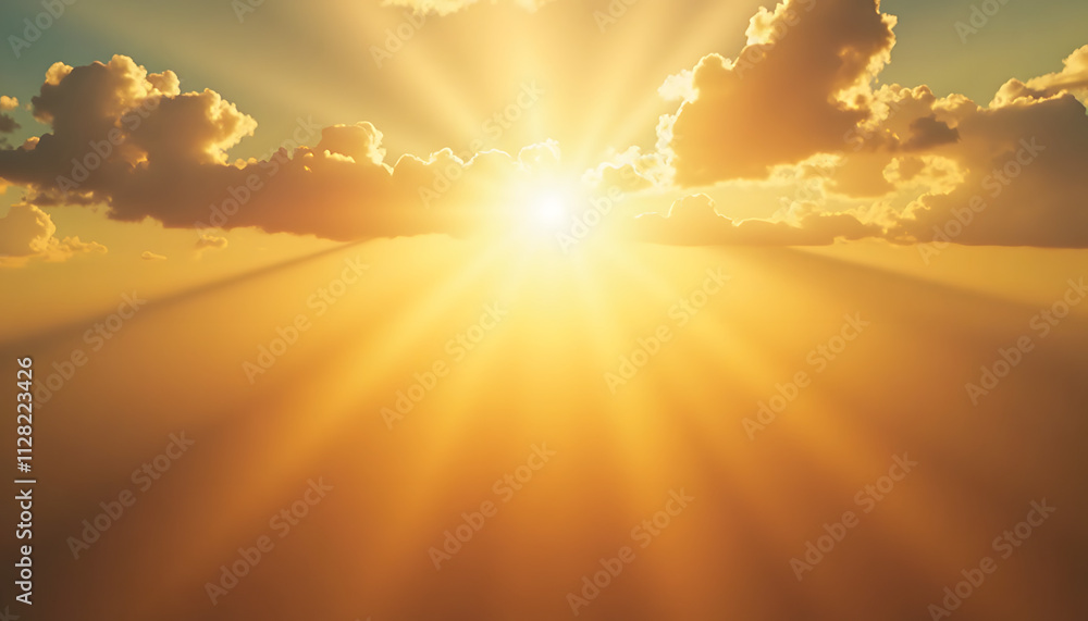 Fototapeta premium Golden sunlight breaking through clouds at sunset, warm and peaceful, copy space