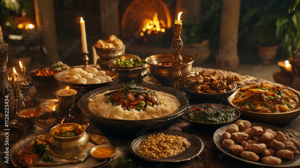 A Lavish Feast Of Middle Eastern Cuisine Served On Antique Dishes