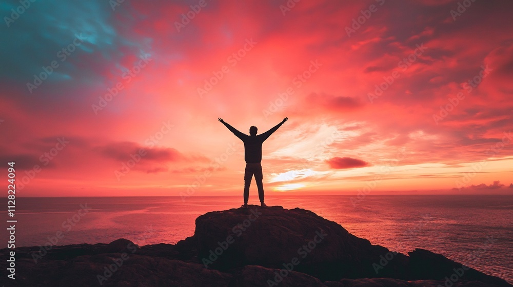 Silhouetted Man Stands Triumphantly on Cliff at Dramatic Sunrise or Sunset Over the Ocean Silhouetted Man Stands Triumphantly on Cliff at Dramatic Sunrise or Sunset Over the Ocean