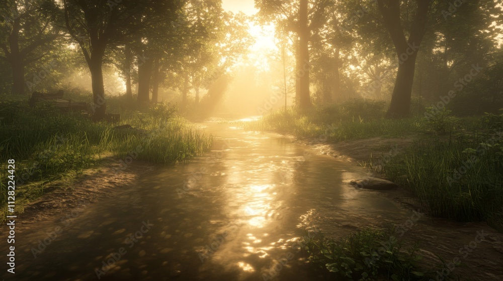 Obraz premium Serene Sunrise Over A Tranquil Forest Stream