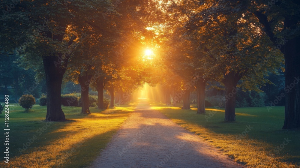 Sunlit Pathway Through Lush Green Tree Lined Avenue Sunlit Pathway Through Lush Green Tree Lined Avenue