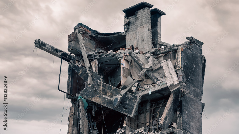 Fototapeta premium destroyed and burned houses in the city in Ukraine