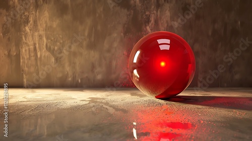 A bright red ellipsoid reflecting light against a muted surface below photo