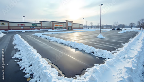 Empty parking lot with snow banks after snowfall in winter sunlight