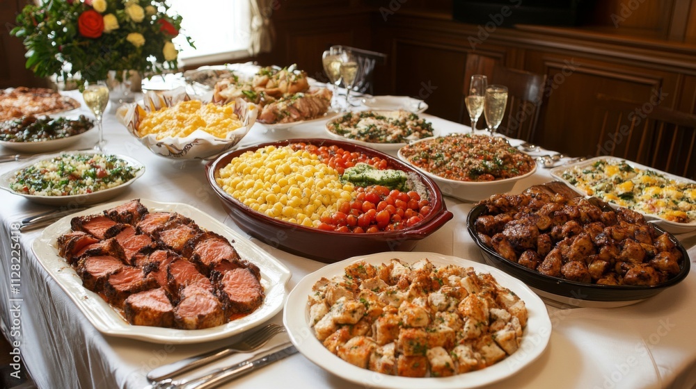 A lavish buffet table displays an array of delicious food A lavish buffet table displays an array of delicious food